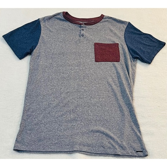 on the byas Other - On The Byas Mens Colorblock Henley T-Shirt Grey Blue Burgundy Pocket Size M